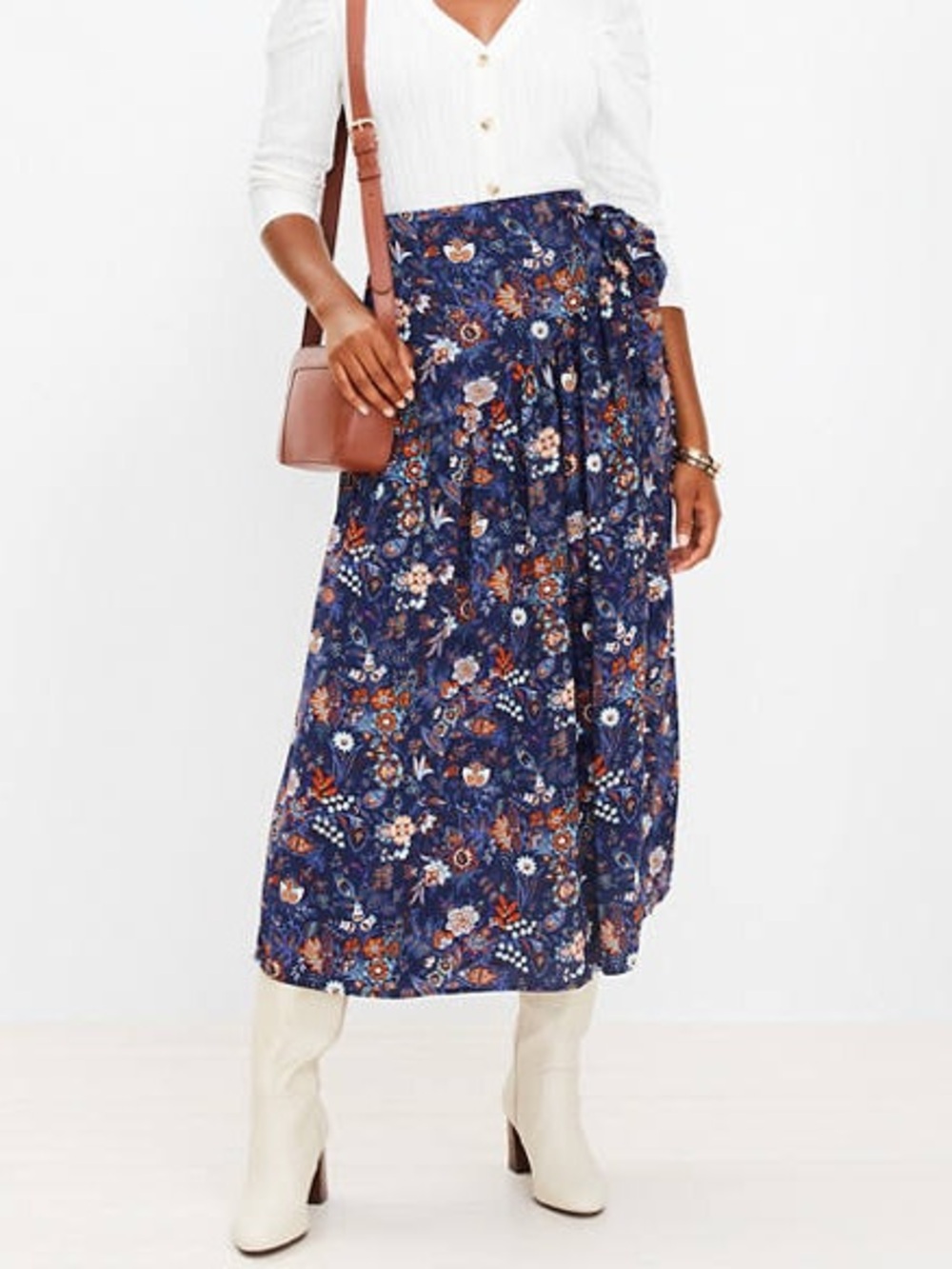 LOFT Navy Floral Tie-Waist Wrap Midi Skirt